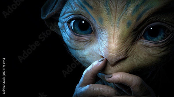 Fototapeta A detailed close-up of a mysterious alien creature with large expressive eyes, showcasing cinematic lighting and intricate 3D design in a dark, futuristic atmosphere.