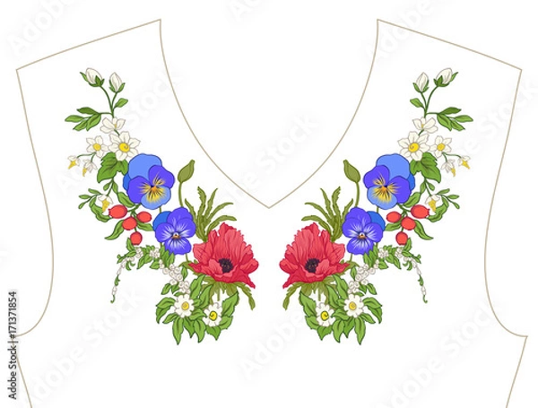 Fototapeta Embroidery. Embroidered design elements with summer bouquet in botanical style on a white background. Good for neckline. Stock vector illustration.