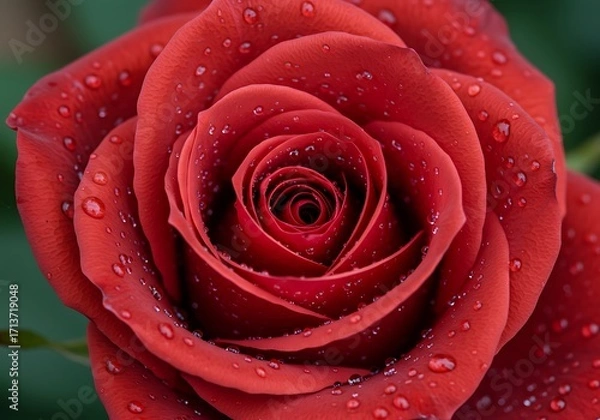 Fototapeta A detailed macro shot of a single, vibrant red rose covered in glistening water droplets.