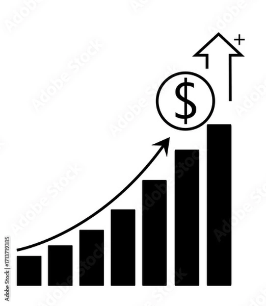 Fototapeta Financial growth icon with bar chart, upward arrow, and dollar sign. arrow with a plus sign at the top emphasizes positive gain.