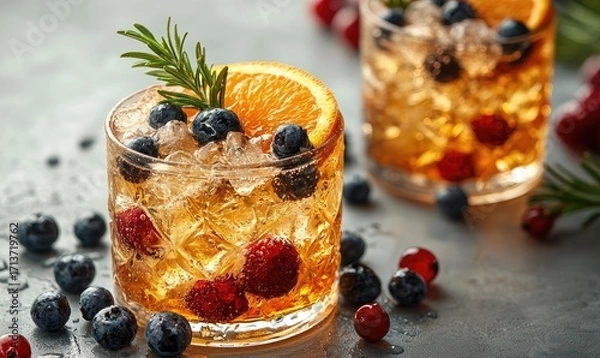 Fototapeta Refreshing fruit cocktails in glasses, garnished with rosemary and orange slices