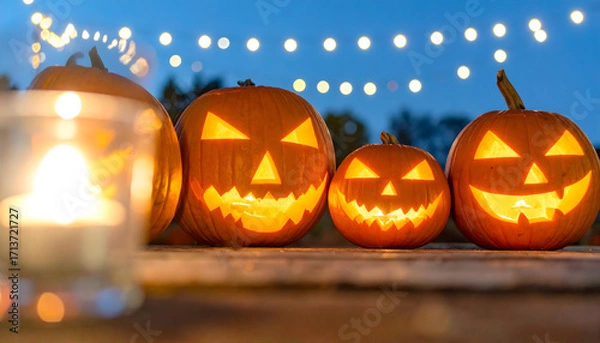 Fototapeta Four carved halloween pumpkins with glowing faces and string lights in the background at dusk