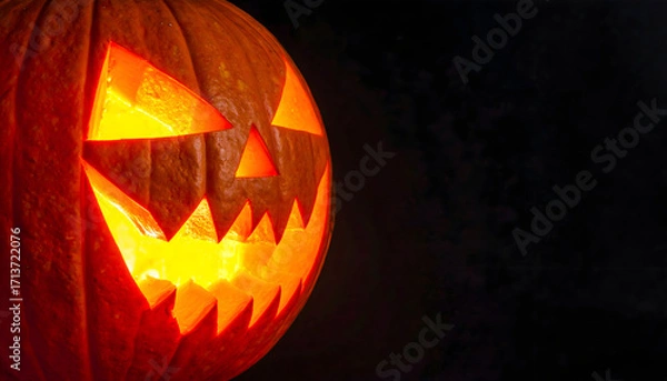 Fototapeta Close up of a carved halloween pumpkin with a scary face glowing from within, set against a dark background