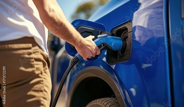 Fototapeta Close-up of man's hand plugging in blue electric car charging station with blue modern electric vehicle open door background creating concept copy space public charging network