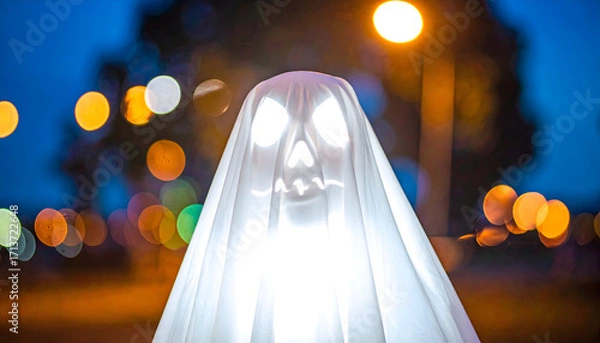 Fototapeta A glowing ghost decoration with a carved face stands in the dark with blurred lights in the background during halloween