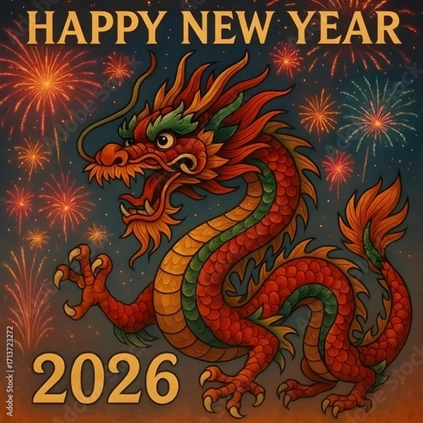 Fototapeta chinese new year dragon background.Chinese New Year 2026 dragon with fireworks.