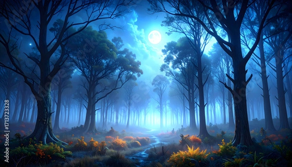 Fototapeta Enchanted forest at night with a mystical glow and a path leading into the trees under a full moon