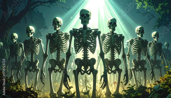 Fototapeta A group of skeletons standing in a dark, eerie forest with light shining from above