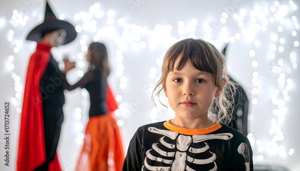 Fototapeta Young child in skeleton costume looking at the camera with blurred figures in witch and ghost costumes in the background