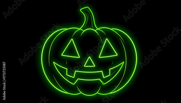 Fototapeta Green neon outline of a jackolantern on a black background