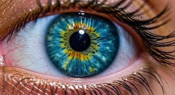 Obraz The beautiful, intricate patterns of a human eye with a vibrant blue iris and a golden central ring