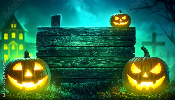 Fototapeta Spooky halloween pumpkins with carved faces glowing in the dark with a haunted house in the background