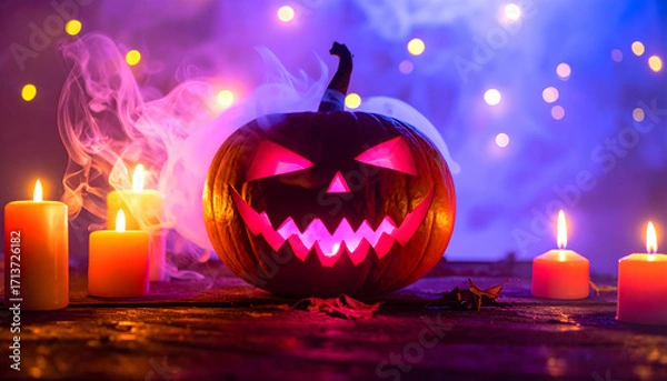 Fototapeta A menacing jackolantern surrounded by glowing candles and smoke with colorful lights in the background