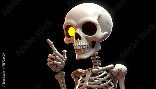 Fototapeta A detailed 3d render of a human skeleton with a glowing yellow eye, pointing a finger, against a dark background