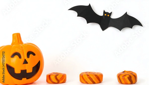 Fototapeta A grinning jackolantern sits next to halloween candy with a black bat decoration flying above, isolated on white background