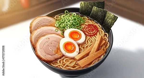 Fototapeta Bowl of Ramen Noodles with Soft Boiled Eggs Sliced Pork Green Onions Seaweed and Bamboo in Black Bowl