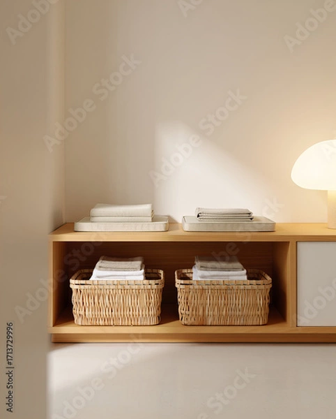Fototapeta Minimalist laundry storage with wicker baskets and folded towels 

