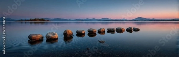 Fototapeta Serene sunset over a still lake, seven smooth stones forming a path across the water, mountains in the distance