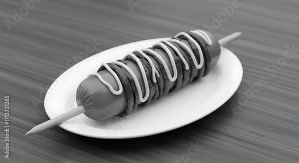 Fototapeta Chocolate Sausage on Skewer with White Drizzle on White Plate in Monochrome Style