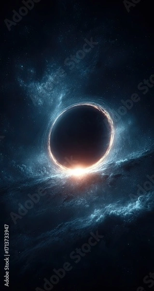 Fototapeta A dark celestial body, ringed with a fiery orange glow, partially obscured by swirling dark clouds, sits against a deep blue, star-studded night sky