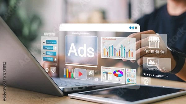 Fototapeta Digital marketing dashboard interface with ads panel, AI chatbot, video content, e-commerce, and analytics tools. Concept of online advertising and automation in business.