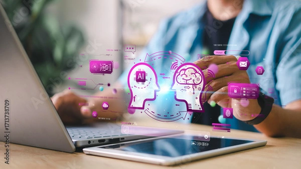 Fototapeta Chat with AI or Artificial Intelligence. Young businessman chatting with a smart AI or artificial intelligence using an artificial intelligence chatbot developed by OpenAI.