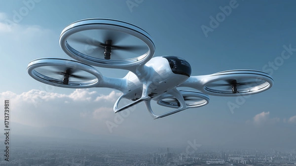 Fototapeta Futuristic white passenger drone flying above a city skyline with four large propellers, representing next-generation urban air mobility, autonomous aerial transport, and advanced drone technology und