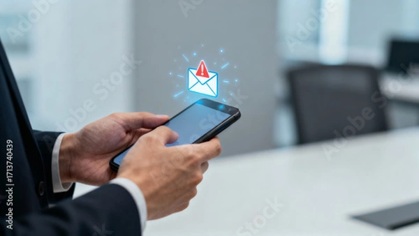 Fototapeta Corporate email security alert notification on smartphone in office environment