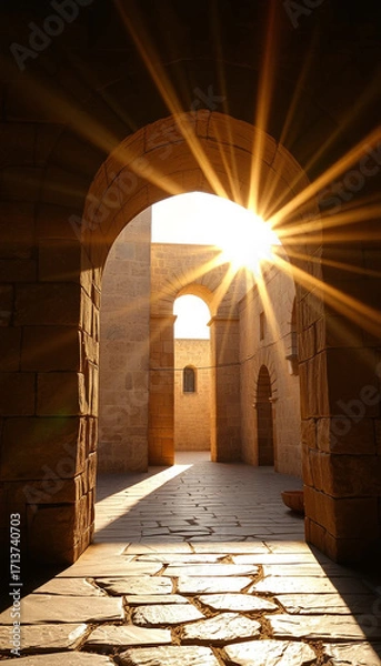Fototapeta Radiant glow through curved entry with abstract stone details