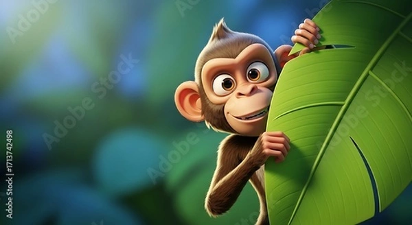 Fototapeta Cute Young Monkey Peeking From Behind Large Green Leaf in Jungle Setting