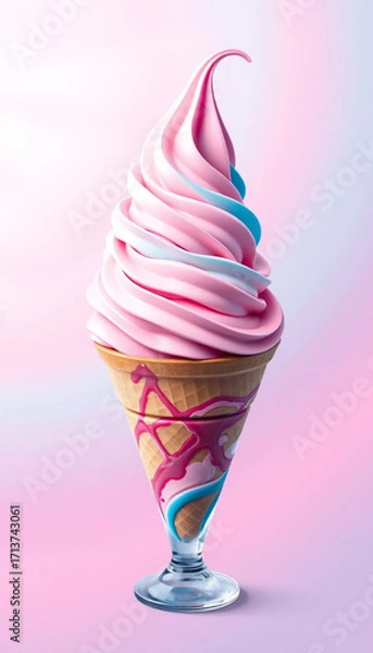 Fototapeta Delicious ice cream swirl with waffle cone and pastel spiral art