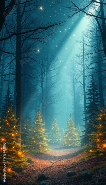 Fototapeta Enchanted winter forest glowing with festive trees and bright lights