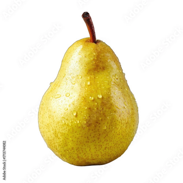 Fototapeta Single ripe pear, yellow-gold hue, wet with droplets