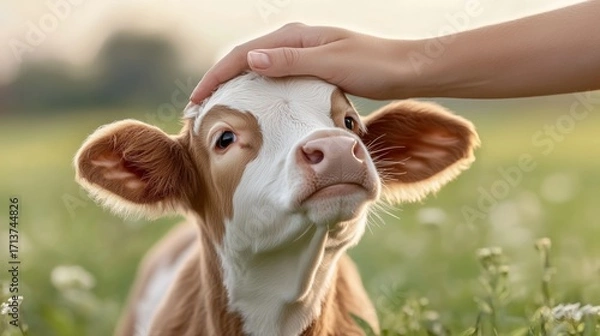 Obraz human hand pats a small calf in a field