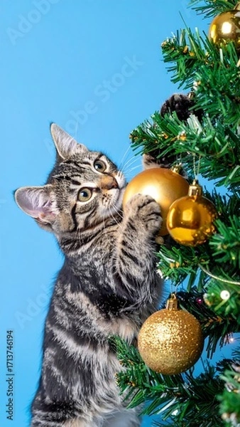 Fototapeta Kitten playing on Christmas tree