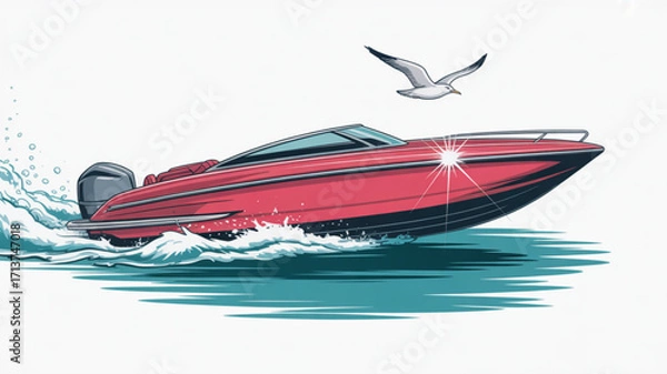 Fototapeta Red speedboat sailing fast on the water with seagull illustration vector graphic design for boating enthusiasts