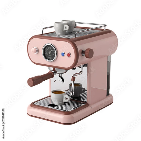 Fototapeta Retro Pink Espresso Machine with Two Cups of Coffee
