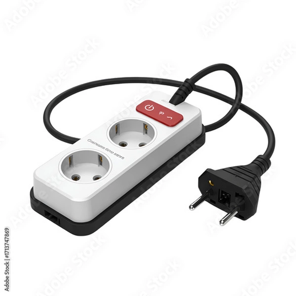 Fototapeta White power strip with two outlets and red switch on black background