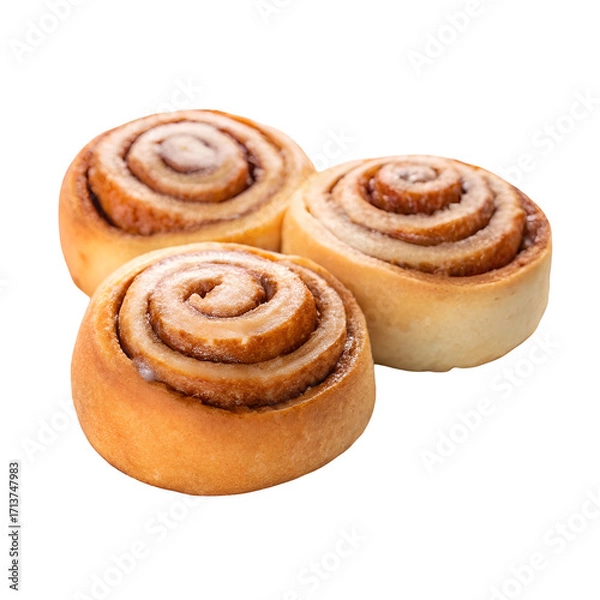 Fototapeta Three cinnamon rolls, one with a glaze, on a black background pastry baked
