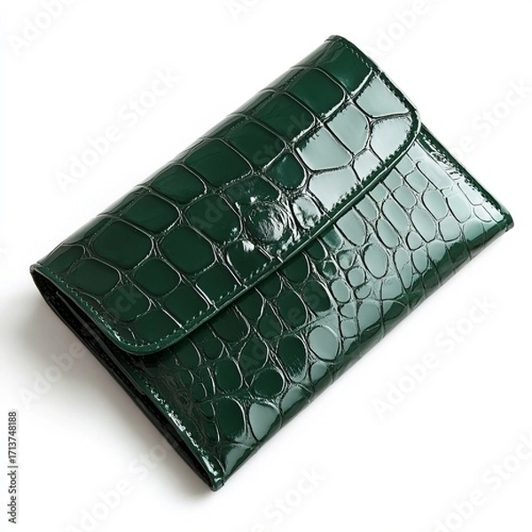 Obraz A crocodile texture faux leather clutch in deep green color, side view, clutch bag isolated on white background color, photorealistic accuracy, good composition, high resolution