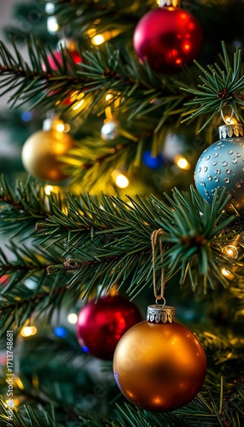 Fototapeta Close up detailed view of festive christmas tree with glowing lights