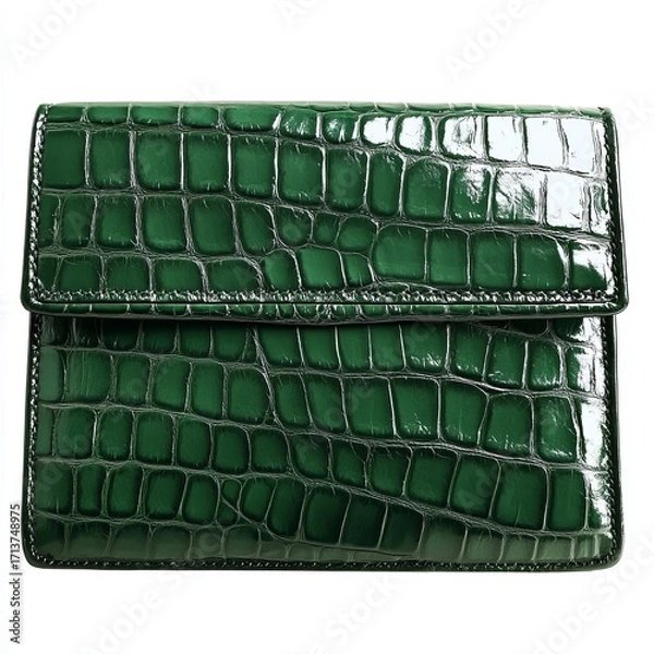 Obraz A crocodile texture faux leather clutch in deep green color, side view, clutch bag isolated on white background color, photorealistic accuracy, good composition, high resolution