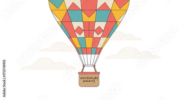Fototapeta Hot air balloon adventure awaits illustration with clouds and geometric patterns for travel designs