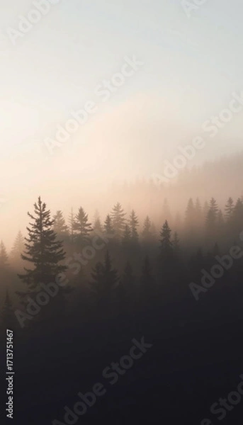 Fototapeta Misty vintage forest landscape with dense fir trees and retro atmosphere