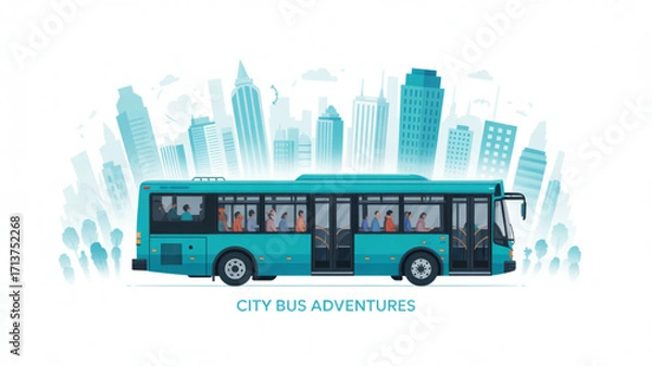 Fototapeta City bus transportation public transit with passengers urban skyline vector illustration design concept