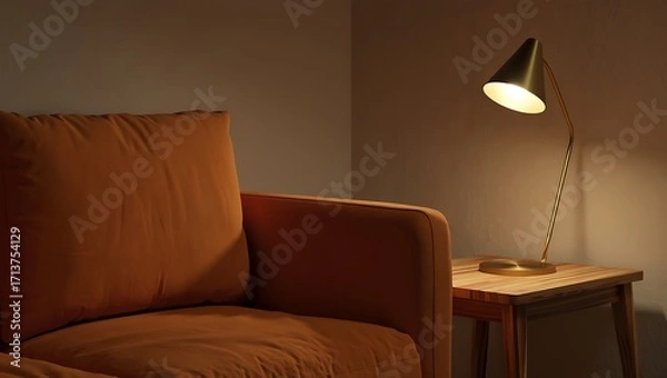 Obraz Cozy living room corner with orange sofa and modern lamp