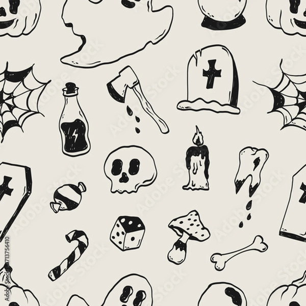 Fototapeta Halloween elements seamless pattern. Sketch drawing. Hand drawn skull, pumpkin, ghost, mushroom, spider web. Vector illustration.