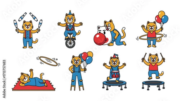 Fototapeta Playful Circus Animal: A series of charming illustrations showcasing a playful animal character performing circus acts with vibrant colors, embodying joy and artistic flair.