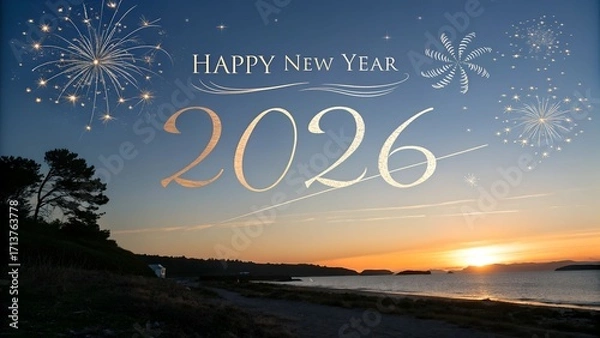 Obraz Happy new year 2026 celebration with fireworks over the sea at sunset