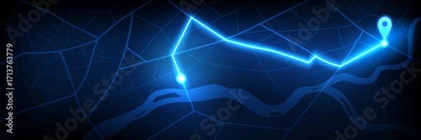Obraz Neon digital navigation map with blue GPS pin on black background. Vector realistic illustration of streets, river and route destination marked on city plan, driving navigator, travel roadmap model